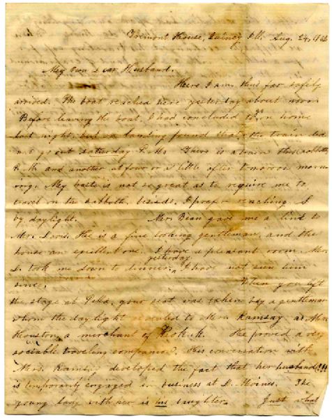 1862 Wife to IL Reverend Husband ALS -- ''...We arrived at K. a little before dark...I felt a little bit homesick...'' -- 6.5'' x 8.25''