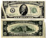 $10 Federal Reserve Error Note -- Series 1934-C, Dallas -- Gutter Fold to Lower Left Corner
