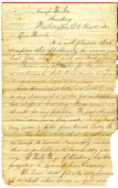 1861 McClellan's Illinois Dragoons -- ...We have dress parade every evening...we are in full dress with clothes well brushed, boots shinning white gloves on...Major Barker complimented us...''
