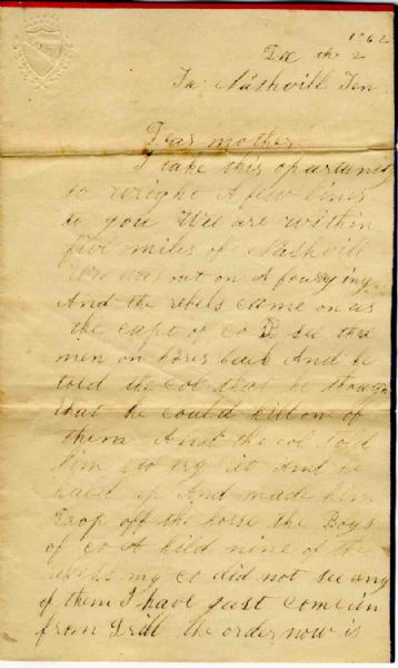 Interesting Civil War Letter -- Dear Mother...the capt...see these men on horseback and he told the col...he could kill one of them and the col told him to try it...Made him drop off the horse…