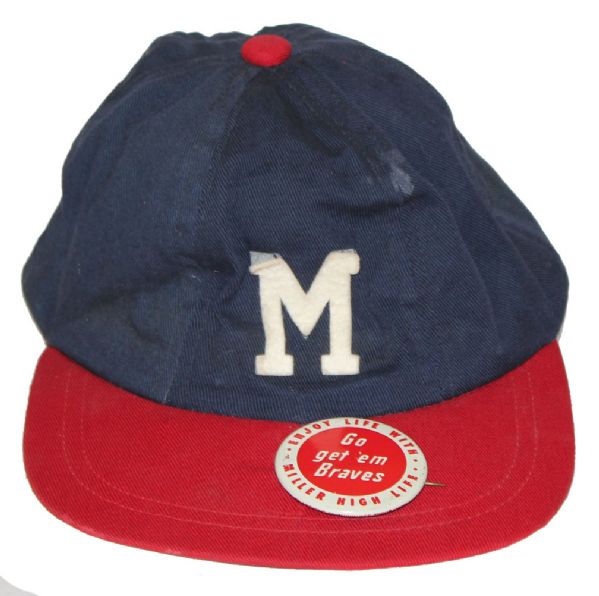 Vintage Milwaukee Braves Baseball Cap Circa 1954 -- With Braves Pin Attached -- Size Medium in Very Good Condition