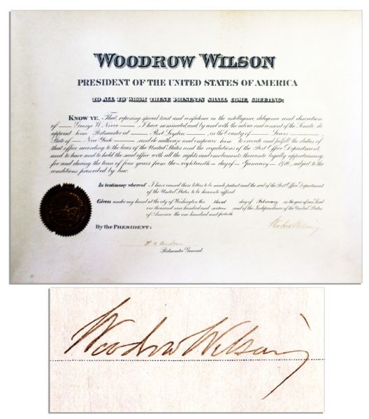 Very Nice Woodrow Wilson Document Signed as President -- 1916 Postal Appointment -- 18'' x 14''
