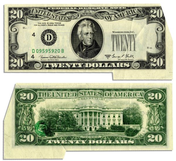 $20 Federal Reserve Error Note -- Series 1969-C -- Upper Right Corner Cut Off, Lower Right Corner Extra Large Margins