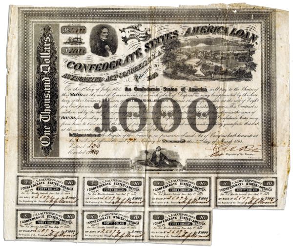 1863 Confederate Bond -- $1000 Bond Issued By Jefferson Davis' Confederate Government
