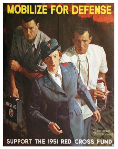 Vintage Red Cross Poster -- ''Mobilize For Defense'' -- Featuring Norman Rockwell Art -- 1951