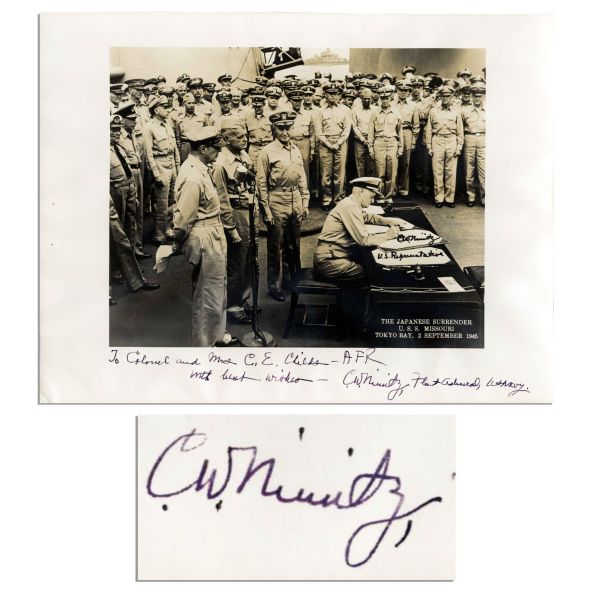 Chester Nimitz Signed 13.75'' x 10.5'' Photo of Japanese Surrender -- Excellent Signature on Iconic Photo