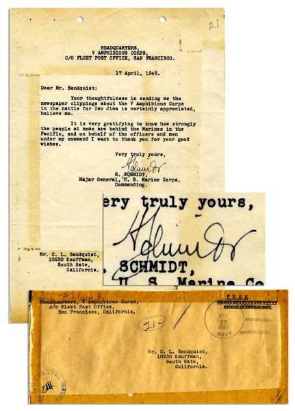 Iwo Jima General Harry Schmidt Typed Letter Signed -- April 1945