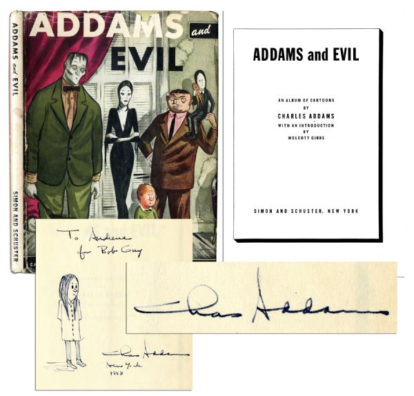 Charles Addams Signed ''Addams and Evil'' With Sketch of Wednesday Addams -- Creator of the Popular TV Comedy