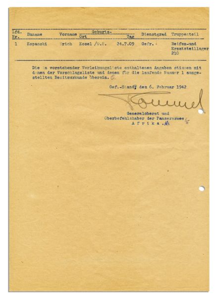 Nazi Erwin Rommel Signed Wartime Document -- 1942