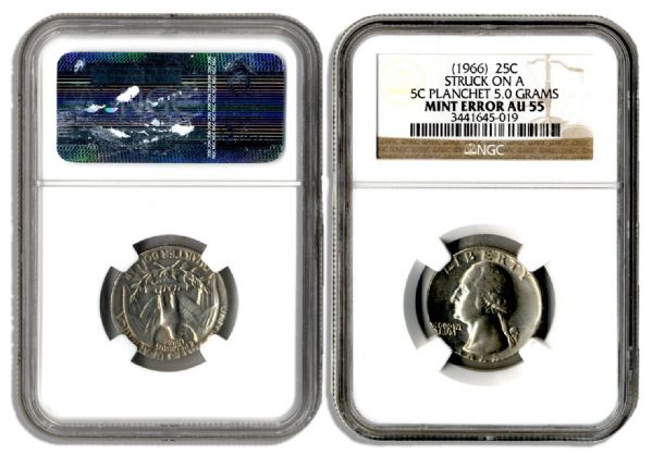 1966 Quarter Error Coin -- Struck on a Nickel Planchet -- Graded MGN AU 55