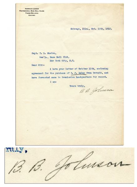 American League Founder Ban Johnson Signed Letter -- ''...I have your...agreement for the purchase of T.F. Daley from Toronto...'' -- 1915