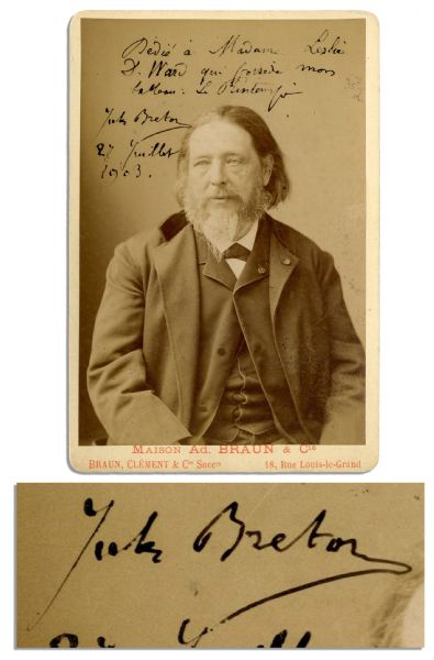 Jules Breton Cabinet Card Signed & Inscribed by the French Painter ''Jules Breton / July 28, 1903'' -- Card with Rounded Corners Measures 4.25'' x 6.5'' -- Excellent Condition