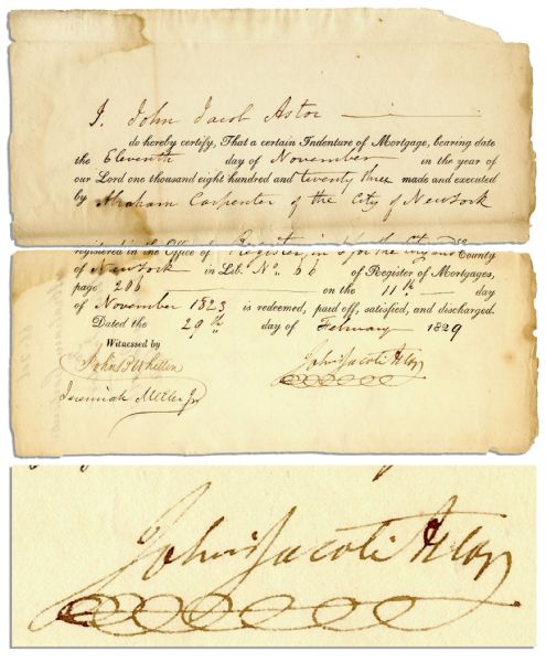 John Jacob Astor Signed Real Estate Document -- 1829