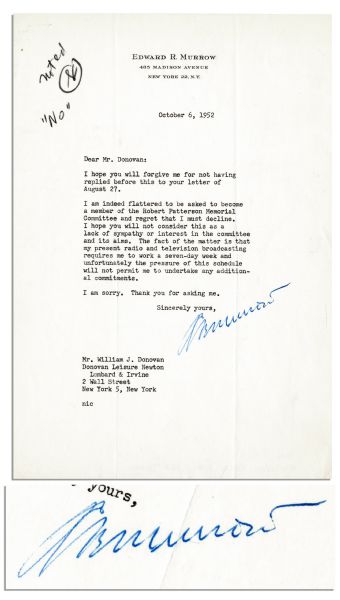 Edward R. Murrow Signed Letter -- ''...my present radio and television broadcasting requires me to work a seven-day week...'' -- 1952