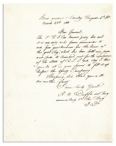 Civil War General Alfred N. Duffie Autograph Letter Signed -- Just Days After His Celebrated Charge at The Battle of Kelly's Ford