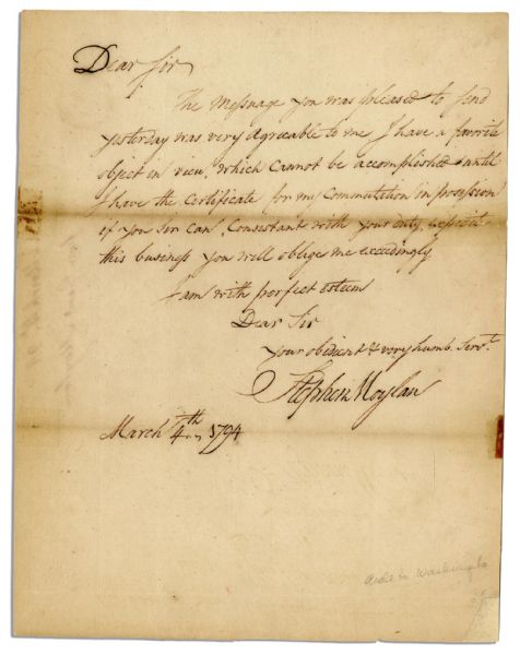 American Revolutionary General Stephen Moylan 1794 Autograph Letter Signed -- Request for His Continental Army Pension