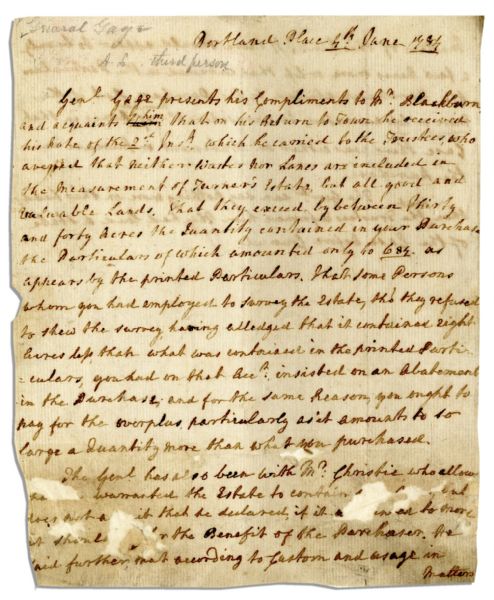 British General Thomas Gage 1784 Autograph Letter Signed -- Gage Precipitated American War of Independence