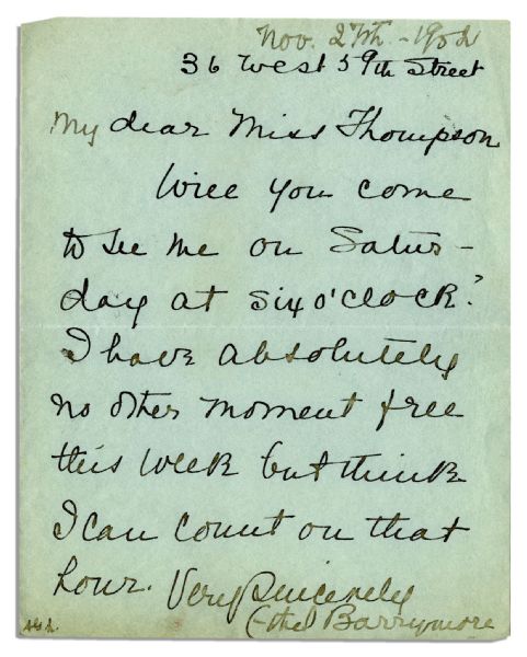 Oscar Winning Actress Ethel Barrymore Autograph Letter Signed -- 1902