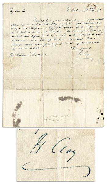Henry Clay 1843 Autograph Letter Signed on Slavery -- ''...in the case of Slaughter (the Mississippi Slave case)...''
