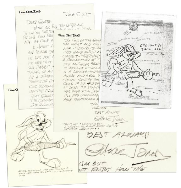 Chuck Jones ''Bugs Bunny'' Sketch & Autograph Letter Signed -- ''...The Amateur Thinks of an Animated Character as a Drawing While The Professional Thinks of Him as a Being...''