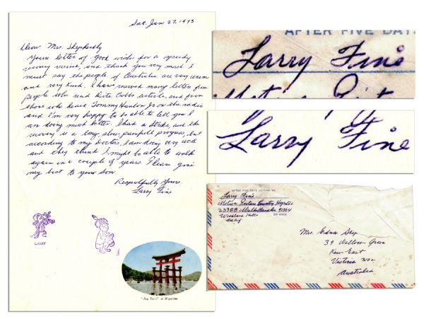''The Three Stooges'' Larry Fine ALS and Envelope -- ''...I had a stroke, and the recovery is a long, slow, painful progress...''
