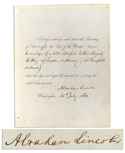 Abraham Lincoln 1864 Document Signed -- Excellent Full Signature