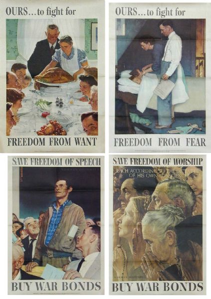 Complete Set of Norman Rockwell's 1943 World War II ''Four Freedoms'' Posters -- Larger Size Measuring 28'' x 40''