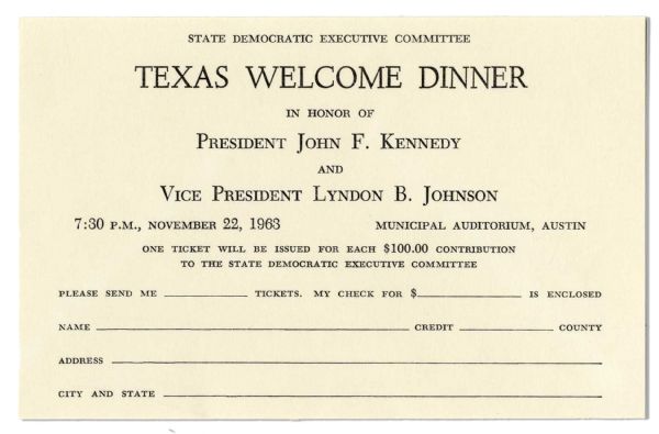 JFK ''Texas Welcome Dinner'' RSVP Card -- Scheduled the Evening of the Assassination
