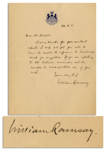 Nobel Prize Winning Chemist Sir William Ramsay Autograph Letter Signed