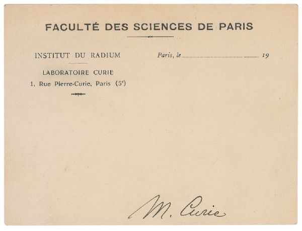 Marie Curie Document Signed on ''Institut Du Radium'' Card -- Scarce