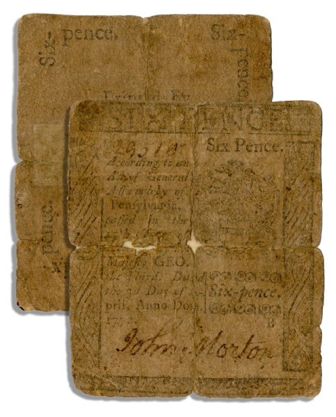Declaration of Independence Signer John Morton Colonial Currency Signed -- 1772