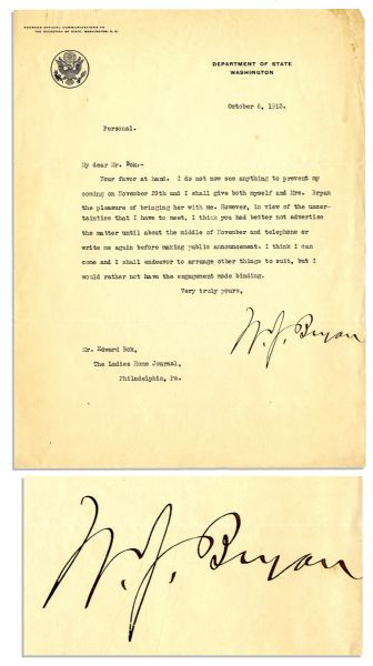 William Jennings Bryan Typed Letter Signed -- Three Time Presidential Candidate