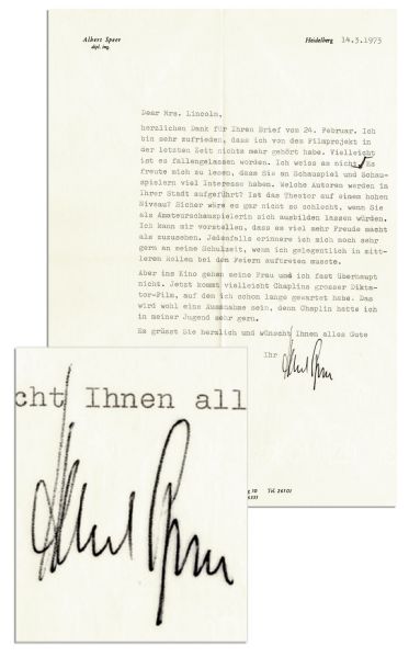Hitler's Minster of Armaments, Albert Speer Typed Letter Signed -- ''...Maybe soon Chaplin's The Great Dictator film will come, for which I waited a long time...''