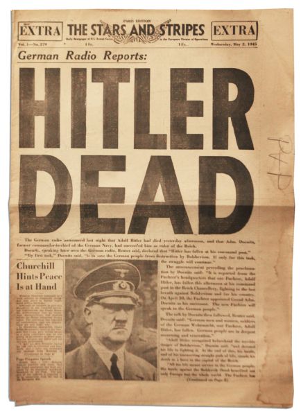 ''Hitler Dead'' -- ''Stars and Stripes'' Newspaper Reports the Death of Adolf Hitler -- 2 May 1945