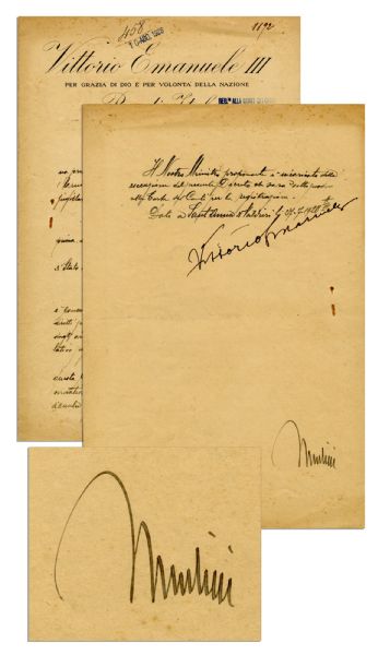 1928 Document Signed by Benito Mussolini & Vittorio Emanuele III -- Measures 9.5'' x 14.5''