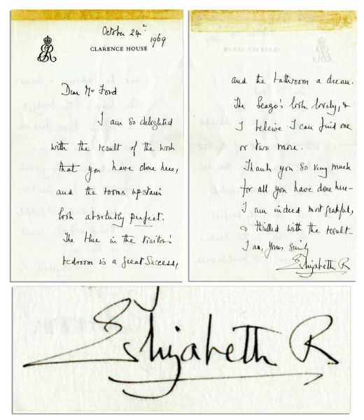 Queen Mother Elizabeth Autograph Letter Signed -- ''...I am so delighted...the rooms upstairs look...perfect. The blue in the visitors' bedroom is a great success, and the bathroom a dream...''