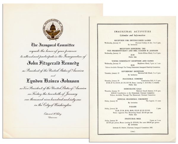 Nice Invitation to JFK's Inauguration -- Embossed Invite Comes in Original Envelope From the Inaugural Committee