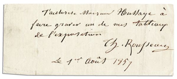 French Painter Theodore Rousseau Autograph Note Signed -- ''...to make engravings of my exhibition of paintings...''