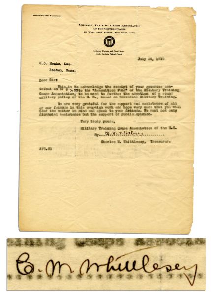 WWI ''Lost Battalion'' Colonel Charles W. Whittlesey Letter Signed -- 1919 -- Scarce