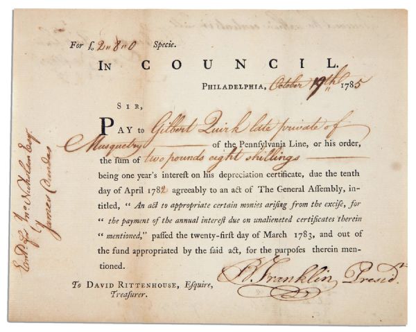 Benjamin Franklin 1785 Document Signed as President of Pennsylvania -- Excellent, Bold Signature