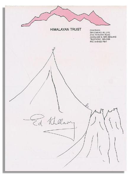 Sir Edmund Hillary Signed Original Sketch of the Mount Everest Summit -- Scarce