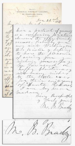 Extremely Scarce Mathew Brady Autograph Letter Signed With Photographic Content and Praising His Own Work as ''Genius''