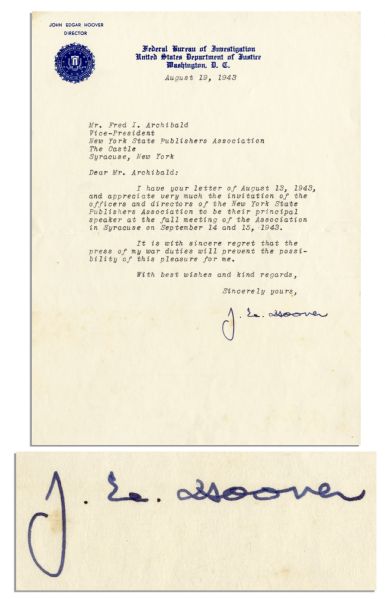 FBI Director J. Edgar Hoover Typed Wartime Letter Signed 1943