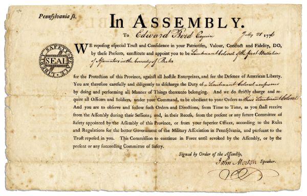 Declaration of Independence Signer John Morton Signed Document -- Dated 29 June 1776, Five Days Before Morton Would Sign the Declaration