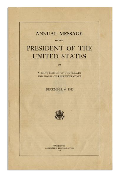 Calvin Coolidge Signed 1923 ''State of the Union'' Address -- Coolidge Speaks of Prohibition, ''The Negro'' & Other National Issues