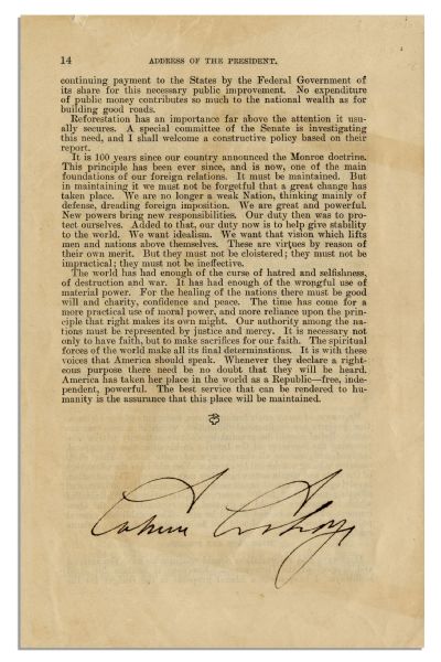 Calvin Coolidge Signed 1923 ''State of the Union'' Address -- Coolidge Speaks of Prohibition, ''The Negro'' & Other National Issues
