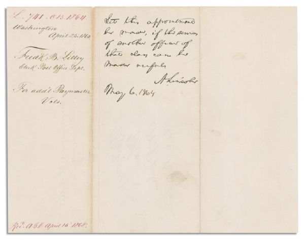 Abraham Lincoln War-Dated Endorsement Signed on 6 May 1864 on the Back of a Full Letter -- While the Battle of the Wilderness Raged in Virginia