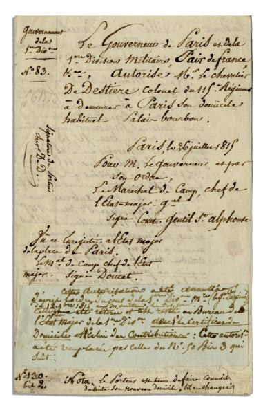 Comte Gentil St. Alphonse 1815 Document Signed -- General de Brigade Who Served Under Both Napoleon & Louis XVIII After Napoleon's Exile