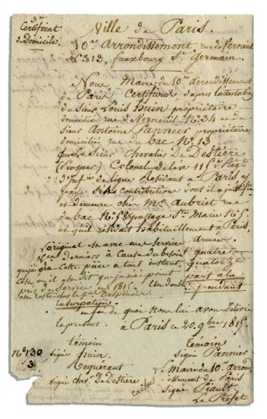 Comte Gentil St. Alphonse 1815 Document Signed -- General de Brigade Who Served Under Both Napoleon & Louis XVIII After Napoleon's Exile