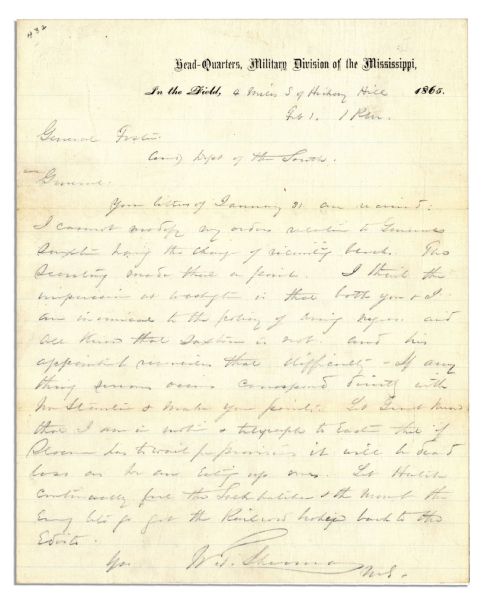 General William Sherman Writes a Civil War Dated February 1865 Surprisingly Racist Letter, Well After the Emancipation Proclamation, That He Is Opposed ''to the policy of arming negroes...''